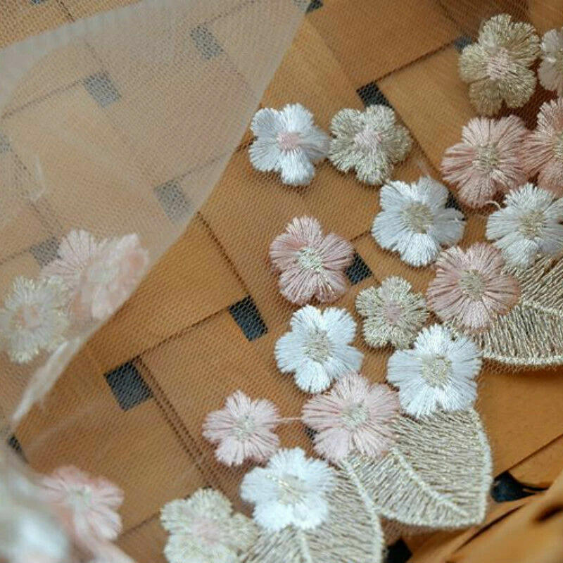 1M Floral Embroidered Lace Trim Organza Tulle Fabric Sewing Dress Curtain Modern - Image 2 of 4