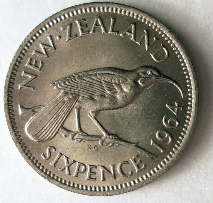 o264 アイトン・ヘヴィセンチネル 1964 NEW ZEALAND 6 PENCE - AU/UNC - Great Coin - FREE SHIP