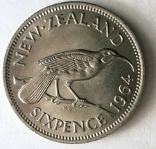 1964 NEW ZEALAND 6 PENCE - AU/UNC - Great Coin - FREE SHIP - BIN OOO