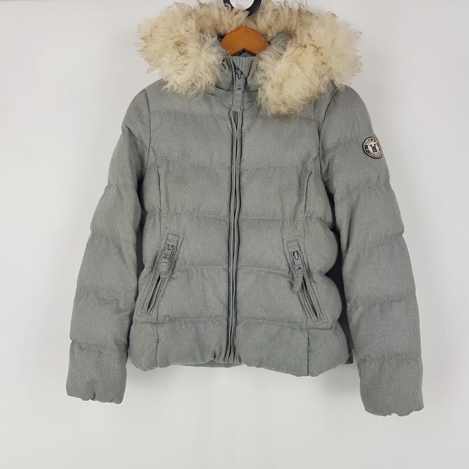 WHO.A.U Varsity Womens Size M 10 Quilted Puffer Jacket Removable Faux Fur Hood