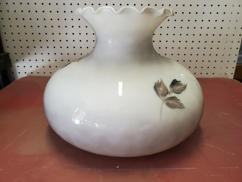 Antique Large White Glass Scalloped Parlor Lamp Shade Blue Flowers Gray Leaves - Picture 5 of 10