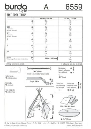 Burda 6559 Child's Play Tent w Bamboo Poles, Padded Floor & Cushions UC Pattern - Picture 2 of 3