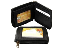BiFold Double Bill Zip Around 6 Credit Card 3 ID Window Zippered Wallet Black