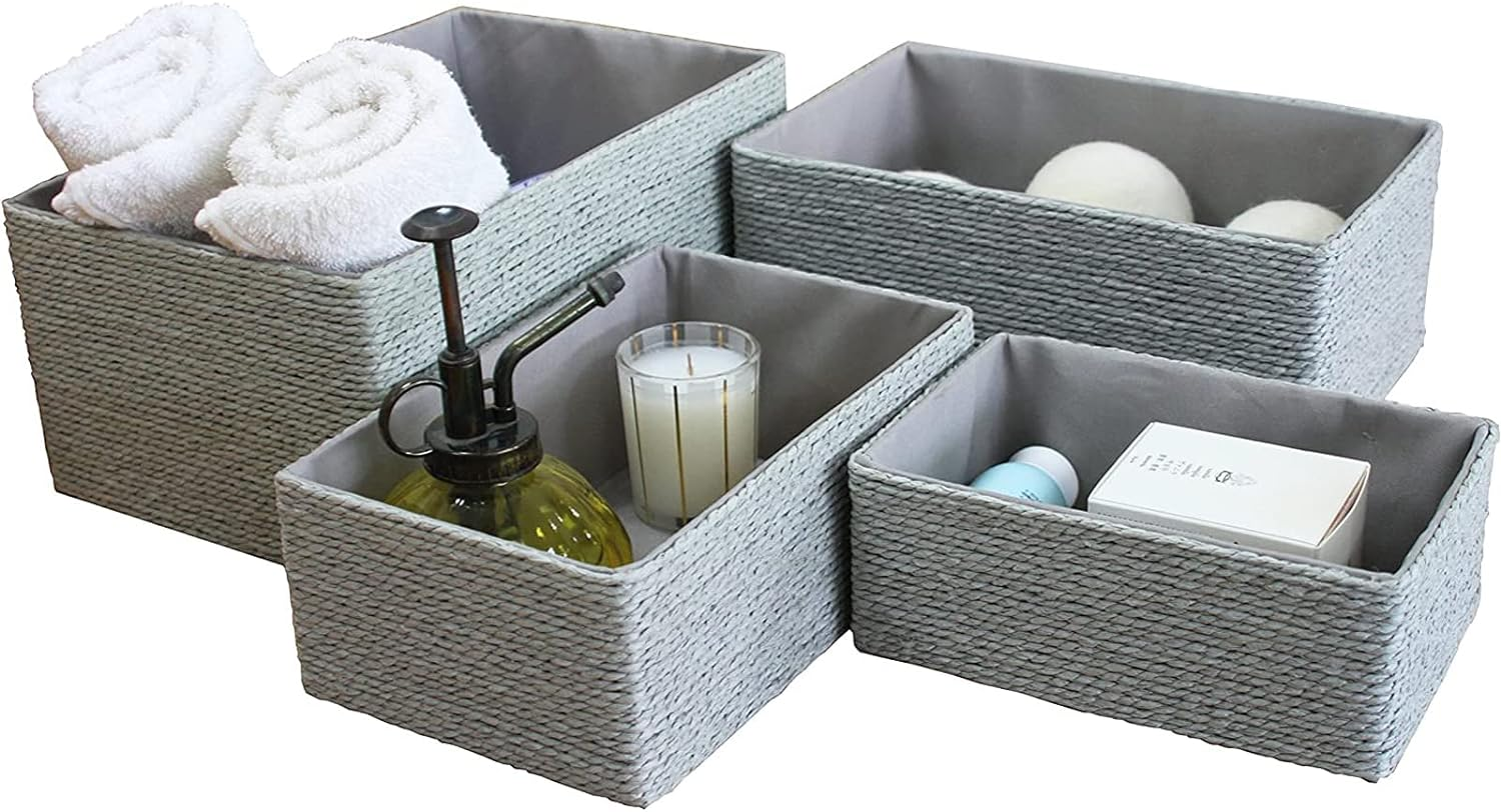 Storage Baskets Set 4 - Stackable Woven Basket Paper Rope Bin, Storage Boxes for-image