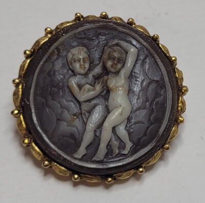Broche Vintage Chérubins En Résine Et Métal Doré - Bijou Fantaisie Femme Occasion
