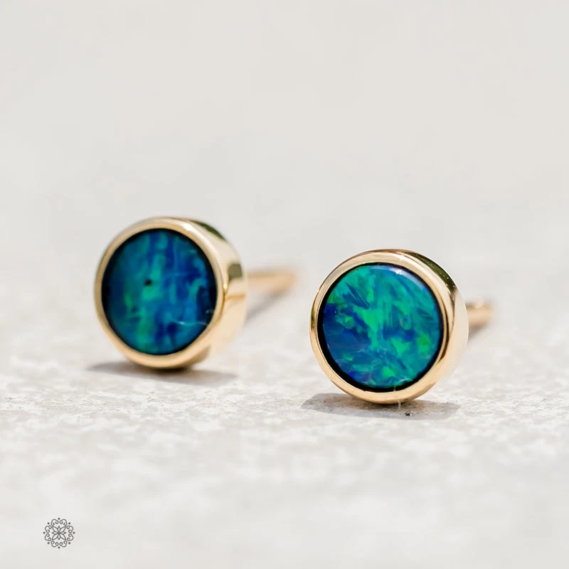Minimalist Round Australian Doublet Opal Stud Earrings 18k Yellow Gold - image 4 of 4