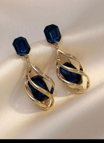 Navy Blue Drop  Earrings Dark Blue Long Gold Rhinestone Crystal Pageant Dangle - Picture 1 of 6