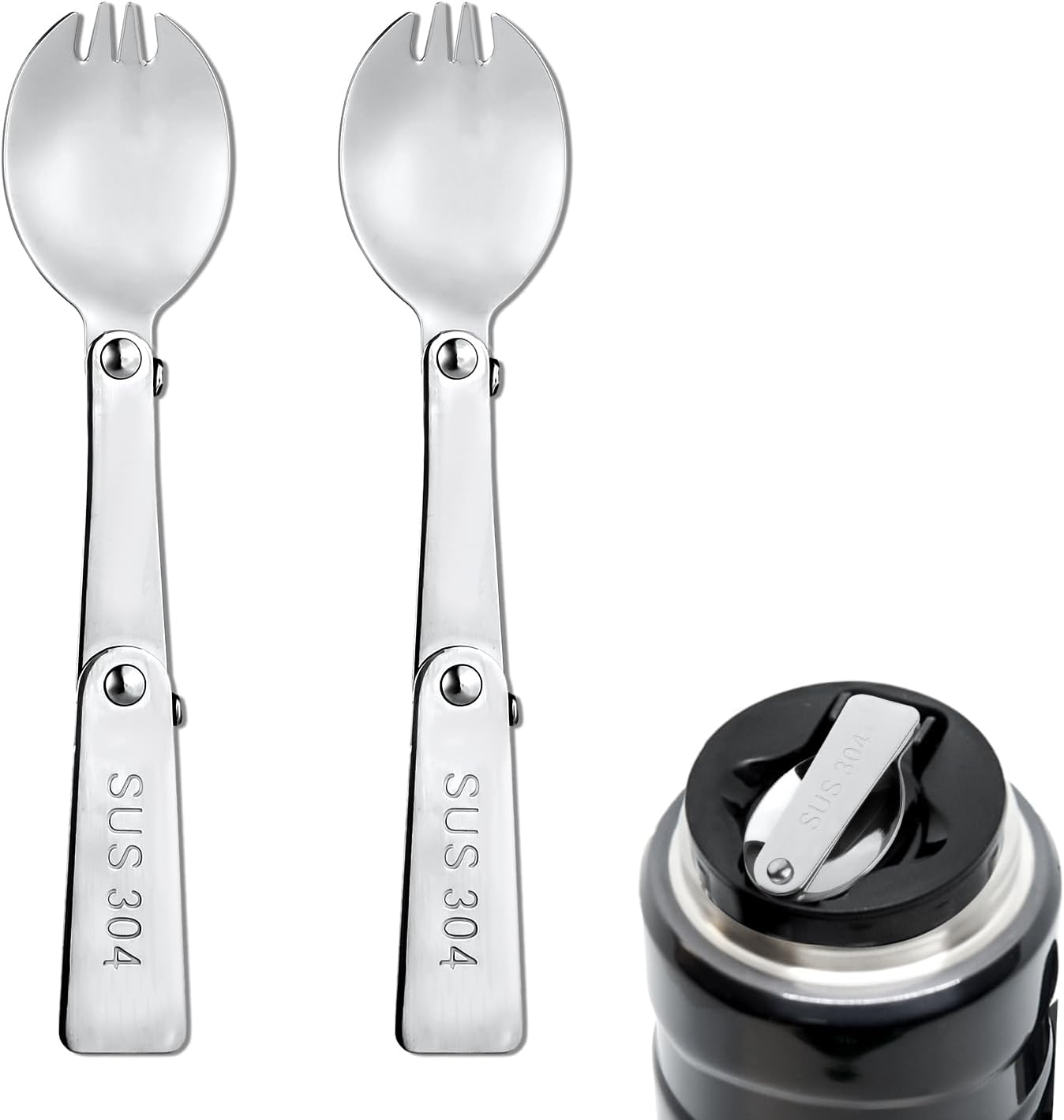 2Pcs Spork for Thermos Stainless Steel King Vacuum Insulated Food Jar 16Oz, Fold