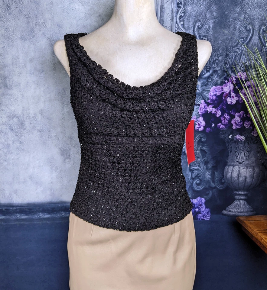 JS Collections Womens Black Beaded Crochet Cami Crop Top Tank Size 6 NWT - Image 2 of 4