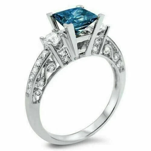 Art Deco Style Lab-Created Diamond Three Stone Wedding Ring 14K White Gold FN - Picture 2 of 8