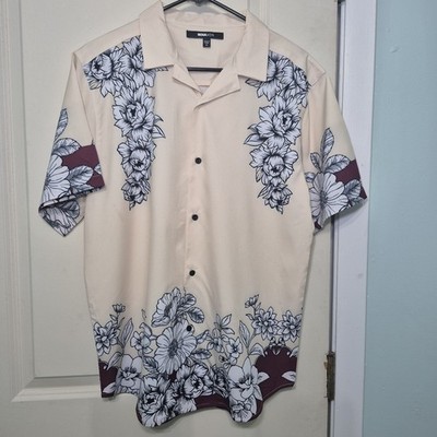 NovaMEN Fashion Nova Floral Camp Collar Shirt Cream Burgundy Size Medium