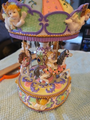 Cherub Horse Carousel Music Box Resin Rotating Beautiful Pastel Colors - Picture 10 of 11
