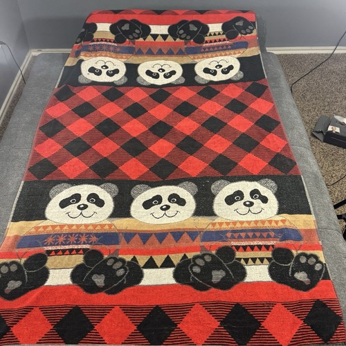 Vtg Seven Seas Beach Towel Panda Bears Black Red Argyle Check 66x75" Large