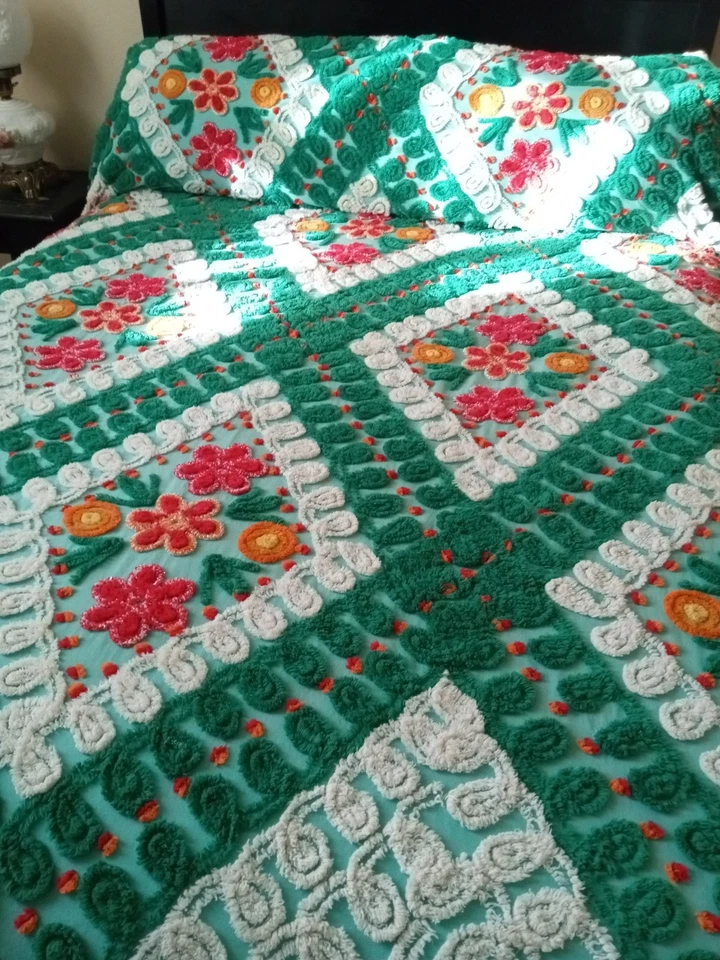 复古雪尼尔床罩大号塔夫特棉花卉绿色橙色红色复古 — 第 4/4 张图片