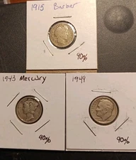 Lot Of 3 Dimes, Barber, Mercury,Roosevelt 90% Silver