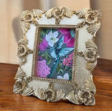 Hummingbird miniature art watercolor print in gold vintage style ornate frame