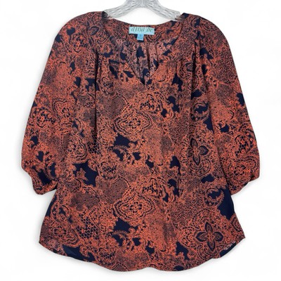 AINA BE Blouse Womens S Small Navy Blue Orange 3/4 Sleeve V-neck