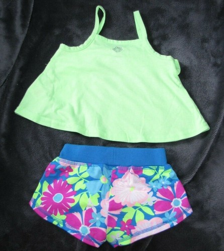 OKIE DOKIE TANK RUFFLE SWING SHIRT TOP SHORTS NEON GREEN FLORAL SUMMER 3-6 NWT - Picture 2 of 2