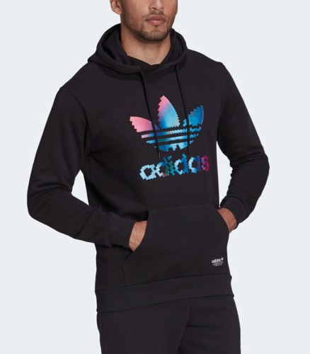Felpa con cappuccio pullover Adidas uomo nera logo trifoglio foderato Terry - Foto 2 di 5