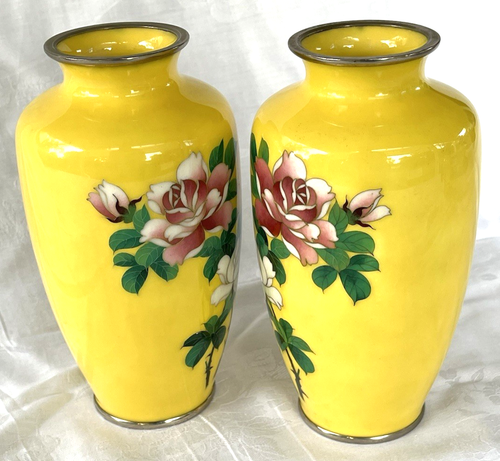 Vintage Japanese Yellow Floral Cloisonne Mirrored Pair Enamel 7.5" Tall Vases - Picture 3 of 10