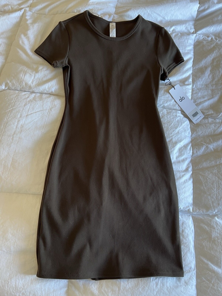 Alo Yoga Alo Goddess Ribbed Short Sleeve Dress Espresso Brown