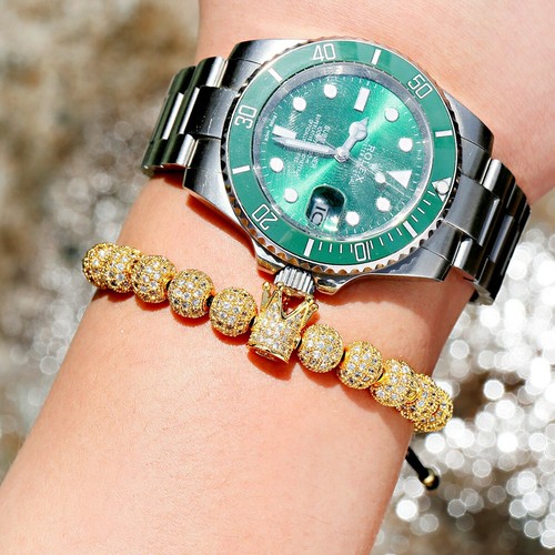 18k Gold Luxury Micro Pave CZ Crown Disco Ball Women Men Braided Beaded Bracelet - Picture 6 of 27