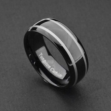 8mm Tungsten Carbide Black Dome Top Duo Satin Silver Stripes Men Wedding Band
