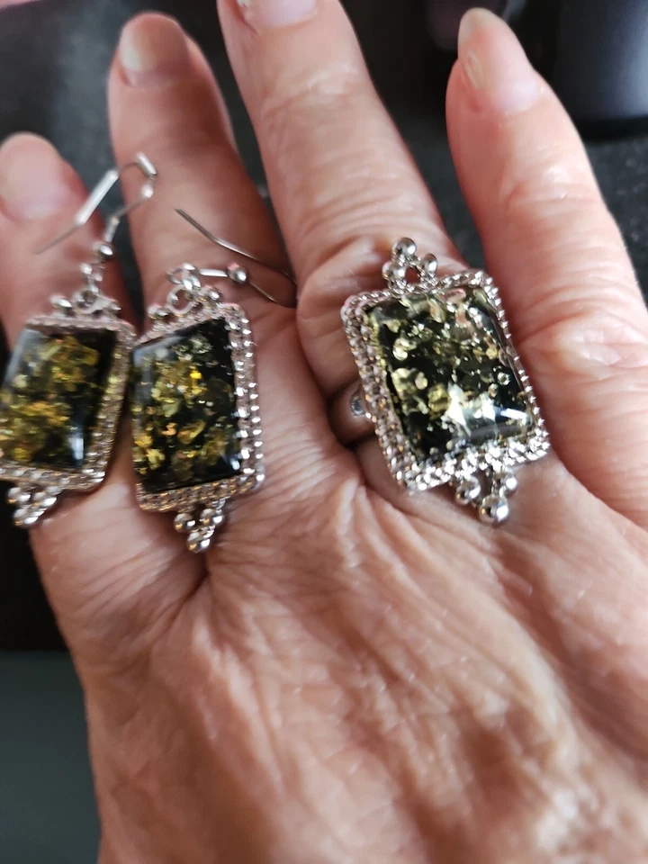  Silver Plated Amber Ring Size 8 & Leverback Earrings 2pc Set NWOT  - Image 3 of 4