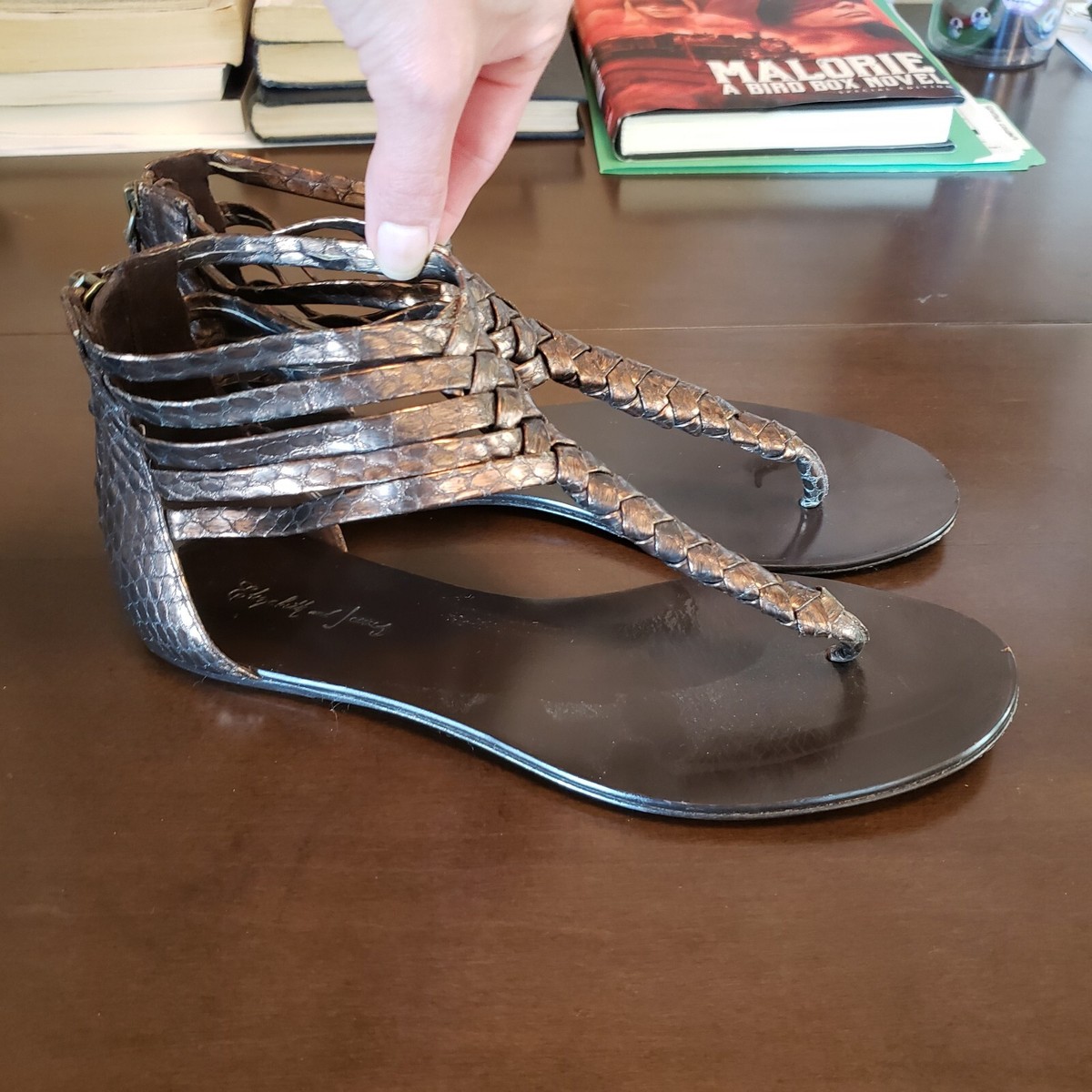 Elizabeth and James Blaze Sandals Bronze Leather Gladiator Snake