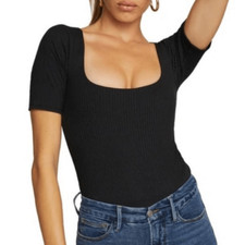 Good American Black Ribbed Scoop Neck Bodysuit Size 0 US 79