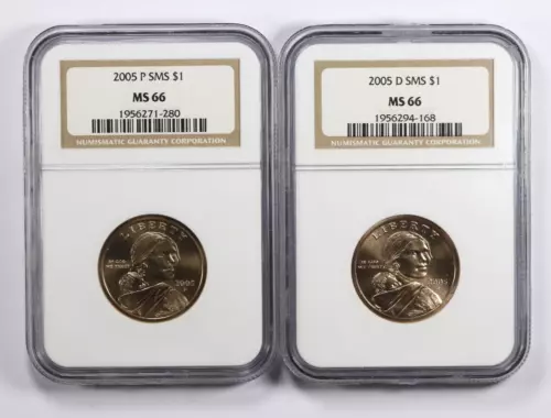 Lot of 2 2005-P/D SMS Sacagawea Golden Dollar NGC MS66