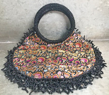 Stunning Vintage 7" Round Bag Purse Vivid Colors Silk w Bead Fringe Excellent