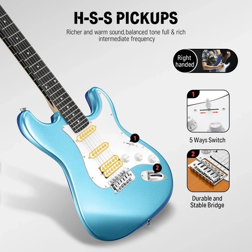 🎸 Donner DST-100 Chitarra Elettrica con Borsa Amplificatore Strap Tuner Solid Lake Blue - Foto 4 di 5