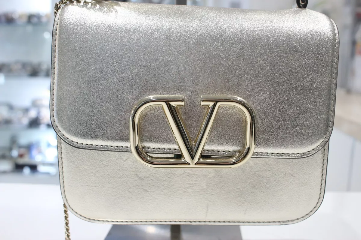 VALENTINO Logo Small VSling Shoulder Bag Crossbody Silver Metallic