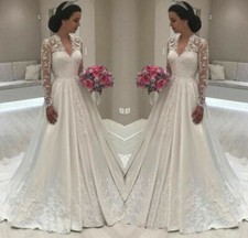 Satin Wedding Dresses Long Sleeve V Neck Lace Applique Sweep Train Bridal Gowns