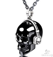 1.0" Black Obsidian Hand Carved Crystal Skull with 925 Silver Headse Pendant