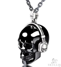 1.0" Black Obsidian Hand Carved Crystal Skull with 925 Silver Headse Pendant