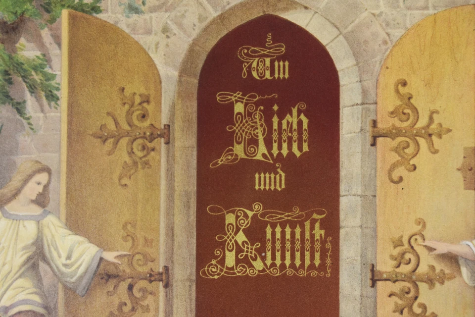 Estampa litho alemã antiga detalhes em tom dourado anjos por amor e arte Goethe - Imagem 3 de 4