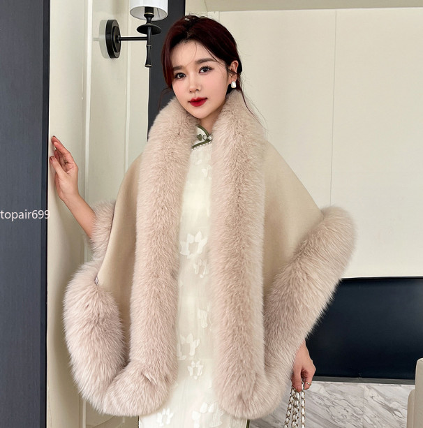 Poncho de lana y lana para mujer chal grande abrigo capa ribete piel de zorro real todo alrededor