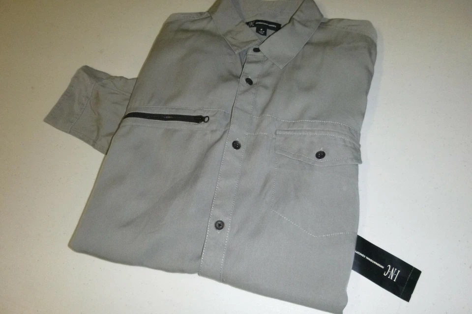INC International Concepts Hombres Calce Regular Satén Informal Vestido Camisa - Pequeña - Gris Foto 4 de 4