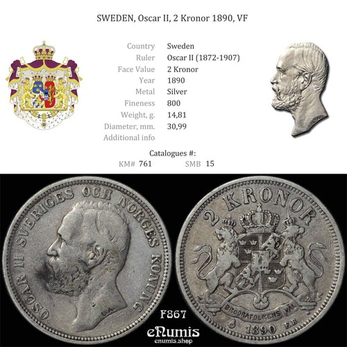 SUECIA, Oscar II, 2 coronas 1890, en muy buen estado - Imagen 4 de 6