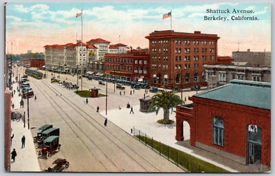 Postcard CA Berkeley California Shattuck Avenue Cars 1920s Trolleys P8J