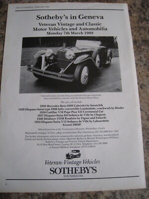 SOTHEBY'S GENEVA MERC HISPANO SUIZA CADILLAC FERRARI 1988 WERBUNG A4 AKTE 34