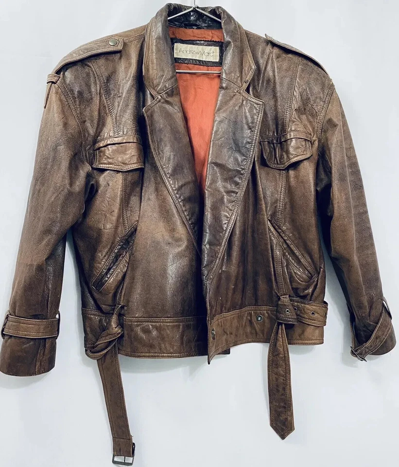 复古皮革轰炸机夹克 Lg Andrew Marc Moto 双排扣皮带顶枪