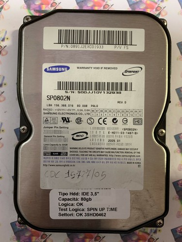 Hard Disk IDE 3,5" 80GB SAMSUNG SP0802N 0891J2EXC01933 2005.01 - Foto 1 di 4
