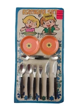 New Vintage Toy Childs Flatware Set Knives Forks Spoons Plates 10pc Original Box