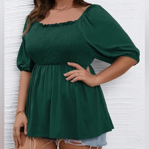 Übergröße elegantes grünes lockeres lässiges einfarbiges Kurzarm T-Shirt für Sommer - Bild 2 von 7