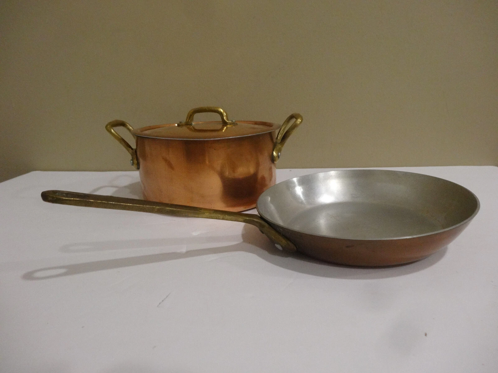 Vintage France Casserole 6.5" Copper Stockpot with Lid & Mini Fry Pan 7"