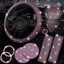 8pc Bling Car Accessories Set Steering Wheel Cover Seat Belt Pads Coasters Unive