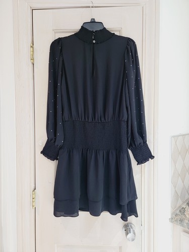NWT White House Black Market Long Sleeve Heatset Blouson Black Dress Petite M - Picture 2 of 9